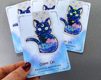 Cosmic cat magnetic bookmark, glitter, holographic, holo effect, cat