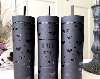 Taza térmica con diseño de murciélago, de doble pared con pajita, estilo gótico, ideal como regalo de Navidad.