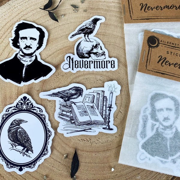 Sticker Set Nevermore, 4+1 Stickers, Gothic Aukleber Set, Scary Stories, Edgar Allen Poe The Raven