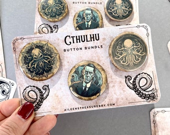 Cthulhu 3 Buttons, H. P. Lovecraft, bookish, horror stories, pins
