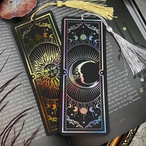 Bookmark sun and moon, very stable with tassel, handmade, metallic, holographic, witch