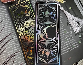 Bookmark sun and moon, very stable with tassel, handmade, metallic, holographic, witch