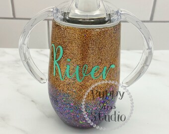 Gold & Pink Glitter Sippy Cup Tumbler 12oz FREE Personalization: Name or Monogram Initials Stainless Steel! Baby Girl