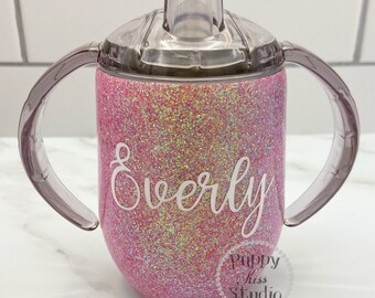 Pink Holographic Sippy Cup or Wine Tumbler 12oz FREE Personalization: Name Monogram Initials Stainless Steel!