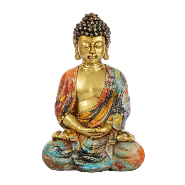 dharma emporium Buddha Statue, Gold / Aqua / Pink Watercolor Finish, 8”, Meditating, Amitābha