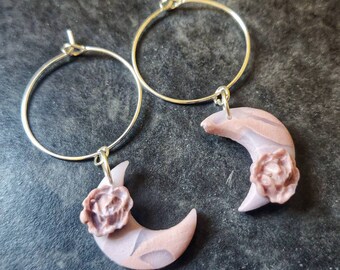 Moon Rose Earrings - Handmade Polymer Clay Rose Quartz Effect Moon and Rose Earrings