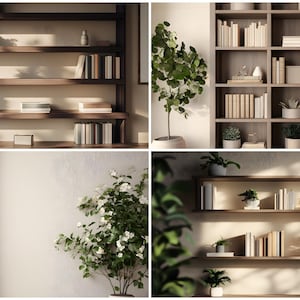 May include: Four different wooden bookshelves with various books, plants, and decorative items. The shelves are in a modern style and are perfect for displaying books, plants, and other decorative items.