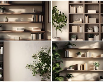 May include: Four different wooden bookshelves with various books, plants, and decorative items. The shelves are in a modern style and are perfect for displaying books, plants, and other decorative items.