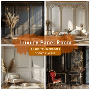 Boho Luxury panel wall room digital photo backdrop, white panel room, golden panel wall, digital backdrop for maternity, wedding, portrait