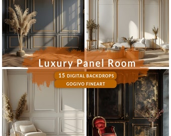 Boho Luxury panel wall room digital photo backdrop, white panel room, golden panel wall, digital backdrop for maternity, wedding, portrait