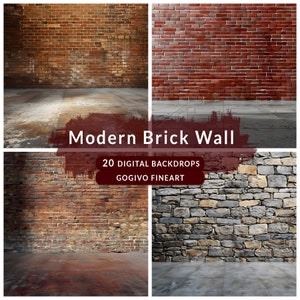 May include: Four digital backdrops featuring different brick wall textures. The backdrops are perfect for adding a rustic or industrial feel to your photos. The text "Modern Brick Wall" and "20 Digital Backdrops" is displayed on the image.