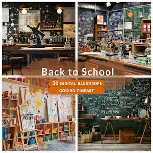May include: A set of 30 digital backdrops featuring various classroom scenes, including a science lab, an art room, and a traditional classroom with a chalkboard. The backdrops are perfect for creating realistic and engaging backdrops for photoshoots, videos, and other creative projects.