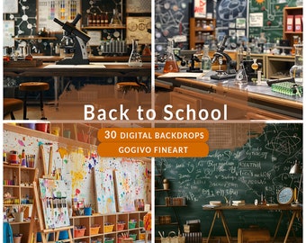 May include: A set of 30 digital backdrops featuring various classroom scenes, including a science lab, an art room, and a traditional classroom with a chalkboard. The backdrops are perfect for creating realistic and engaging backdrops for photoshoots, videos, and other creative projects.