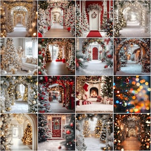 May include: A collage of 12 images featuring various Christmas scenes. Each image showcases a different festive setting, including a snowy archway, a fireplace with stockings, and a Christmas tree decorated with lights and ornaments.