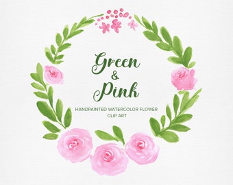 Green & Pink Rose  Handpainted Watercolor Floral Clipart PNG Flower Wreaths Bouquets  Peonies Leaves White Wedding Arrangements