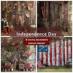 K&ouml;nnte beinhalten: Ein Set mit 8 digitalen Hintergr&uuml;nden, die rustikale Holzw&auml;nde mit amerikanischer Flaggendekoration zeigen. Die Hintergr&uuml;nde sind perfekt f&uuml;r Unabh&auml;ngigkeitstag-Feiern, patriotische Veranstaltungen oder jeden Anlass, bei dem Sie einen Hauch von Americana hinzuf&uuml;gen m&ouml;chten.