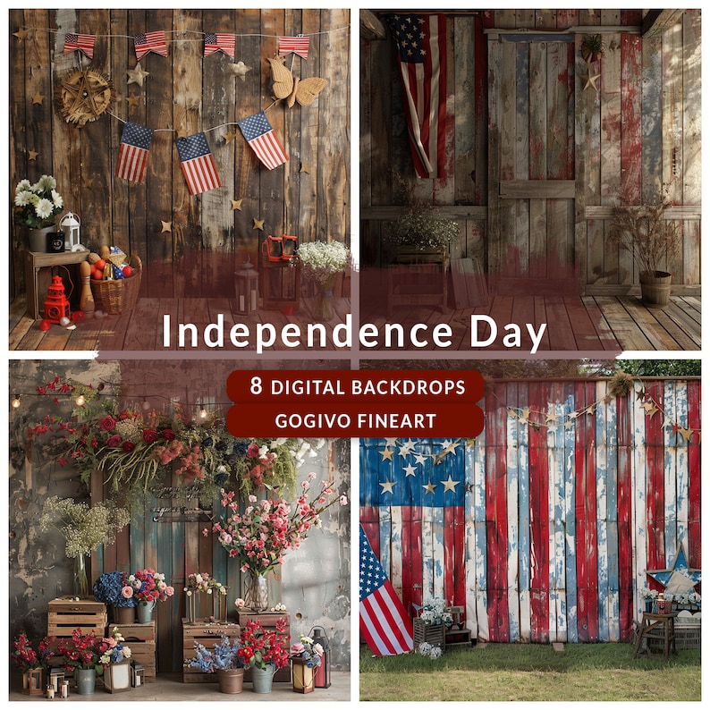 K&ouml;nnte beinhalten: Ein Set mit 8 digitalen Hintergr&uuml;nden, die rustikale Holzw&auml;nde mit amerikanischer Flaggendekoration zeigen. Die Hintergr&uuml;nde sind perfekt f&uuml;r Unabh&auml;ngigkeitstag-Feiern, patriotische Veranstaltungen oder jeden Anlass, bei dem Sie einen Hauch von Americana hinzuf&uuml;gen m&ouml;chten.
