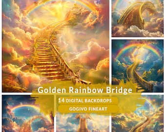 Fondo digital del puente del arco iris, telón de fondo de la foto digital del monumento a las mascotas, fondo del monumento a las mascotas con puente del arco iris dorado, alas y halo