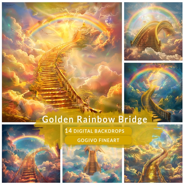 Rainbow bridge digital backdrop, Pet memorial digital photo backdrop, Pet Memorial background with golden rainbow bridge, wings and halo