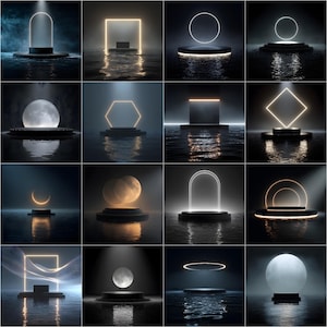 May include: Sixteen images showcasing illuminated geometric forms and celestial elements, including moons and crescent shapes, on dark plinths. The shapes comprise squares, circles, and hexagons, set against a reflective water surface.