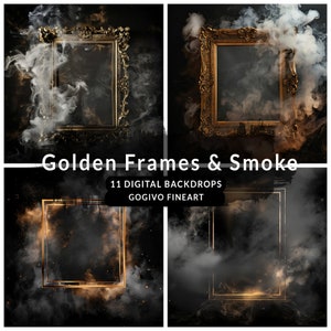 Puede incluir: Cuatro fondos digitales con marcos dorados ornamentados y un efecto de humo. Los marcos están vacíos y listos para tus propias imágenes o texto. El texto "Golden Frames & Smoke" se muestra en el centro de la imagen. El texto "11 DIGITAL BACKDROPS GOGIVO FINEART" se muestra debajo del título.