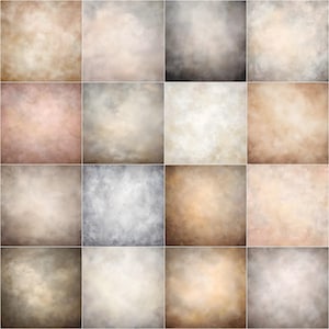 Könnte beinhalten: Sechzehn quadratische digitale Hintergründe mit einem strukturierten, malerischen Effekt. Die Farbpalette umfasst Farbtöne von Beige, Braun, Grau und Off-White, wodurch eine Vintage- oder rustikale Ästhetik entsteht. Jedes Quadrat hat eine einzigartige Farbe und Textur.