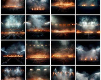 Sobreposições de fundo fotográfico com luzes de estádio, luzes de sexta à noite, fogo, neblina e fumaça (download digital)