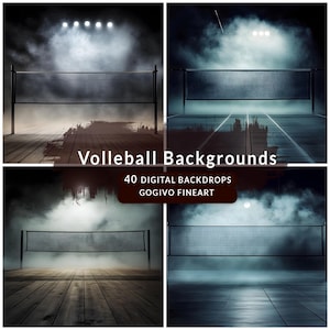 May include: Four digital backgrounds featuring a volleyball net and a wooden floor. The backgrounds are set in a dark, smoky environment with spotlights shining down on the net. The text "Volleyball Backgrounds" and "40 Digital Backdrops" is displayed in the center of the image.