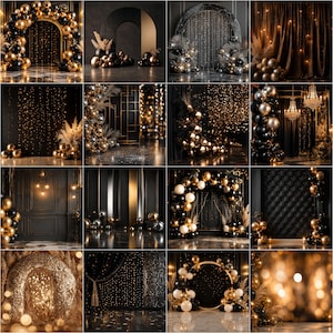 May include: A collection of sixteen photographic backdrops featuring black and gold balloon arches, shimmering string lights, dark velvet curtains, and metallic accents designed for event photography, showcasing various elegant party settings.