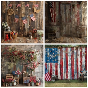 K&ouml;nnte beinhalten: Vier verschiedene Kulissen mit rustikalem Holz und amerikanischem Flaggen-Design. Die erste Kulisse ist eine Holzwand mit rot-wei&szlig;-blauen Flaggen und Sternen. Die zweite Kulisse ist eine Holzwand mit einer gro&szlig;en amerikanischen Flagge und einer Holzt&uuml;r. Die dritte Kulisse ist eine verwitterte Betonwand mit einer Holzt&uuml;r und Blumen. Die vierte Kulisse ist eine Holzwand mit einer gro&szlig;en, darauf gemalten amerikanischen Flagge.