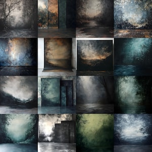 May include: A collection of painted backdrops featuring various moody landscape scenes. Each backdrop showcases a different atmospheric environment, including forests, misty valleys, and serene waterscapes, with a focus on muted tones and artistic textures.