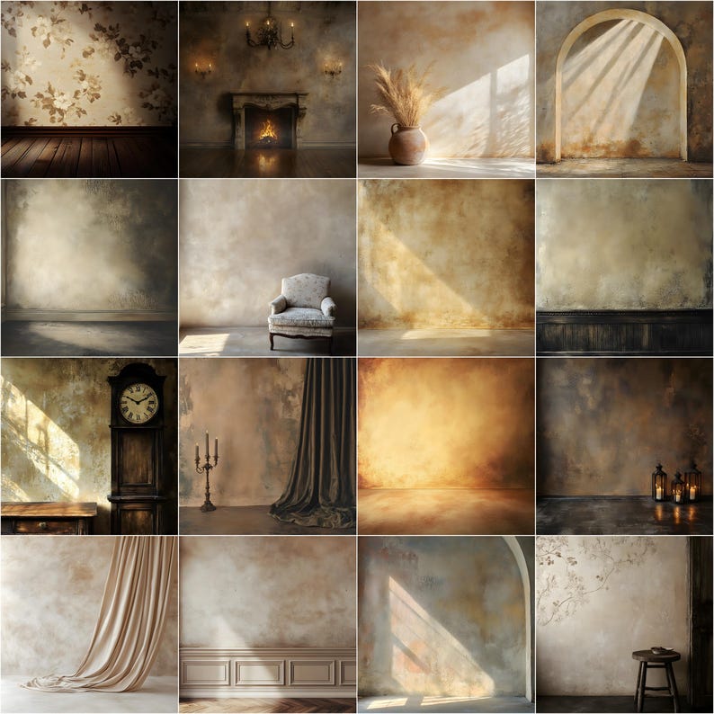 May include: A collection of 12 digital backdrops featuring various textures and lighting effects. The backdrops include a variety of colors, including brown, beige, and gray. Some backdrops feature a vintage aesthetic, while others have a more modern feel. The backdrops are perfect for photographers and designers looking to create unique and interesting images.