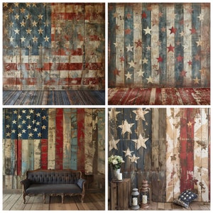K&ouml;nnte beinhalten: Ein rustikaler Holz-Hintergrund mit einem abgenutzten amerikanischen Flaggen-Design. Der Hintergrund ist perfekt f&uuml;r die Fotografie und bietet eine Vielzahl von Holztexturen und -farben.