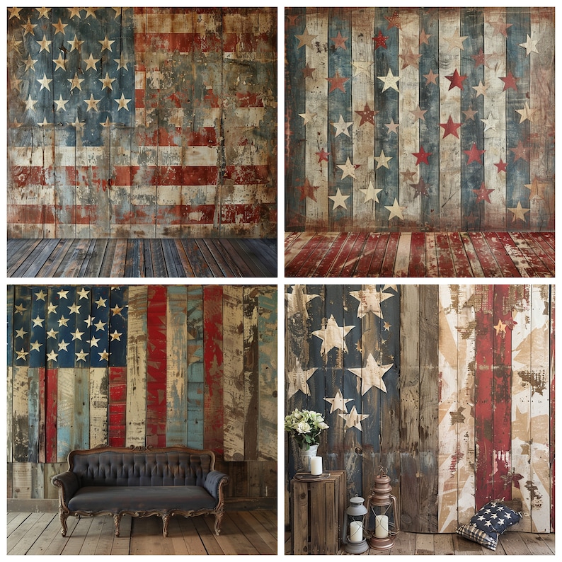 K&ouml;nnte beinhalten: Ein rustikaler Holz-Hintergrund mit einem abgenutzten amerikanischen Flaggen-Design. Der Hintergrund ist perfekt f&uuml;r die Fotografie und bietet eine Vielzahl von Holztexturen und -farben.