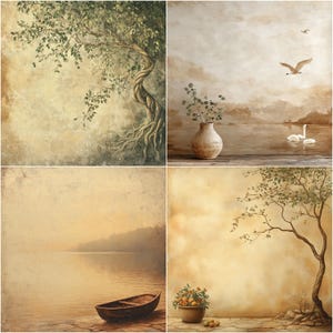 May include: A collage of four images with a vintage aesthetic. The top left image features a twisted tree with green leaves against a light brown background. The top right image shows a vase with a leafy branch against a light brown background with a lake and two white swans in the distance. The bottom left image shows a wooden rowboat on a calm lake with a misty background. The bottom right image shows a tree with green leaves against a light brown background with a small potted plant with orange fruit.