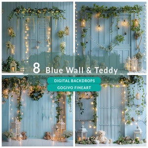May include: A digital backdrop featuring a blue wooden wall with a white door and a garland of greenery and lights. There are two teddy bears in the foreground, and the text "8 Blue Wall & Teddy" is displayed in the center of the image.