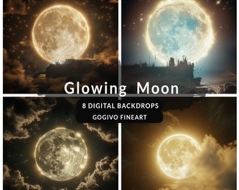 May include: A set of 8 digital backdrops featuring a glowing moon in different stages of fullness, with clouds and stars in the background. The text "Glowing Moon" and "8 Digital Backdrops" is displayed in the centre of the image.