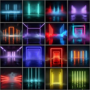 Puede incluir: Una cuadrícula de dieciséis imágenes que muestran instalaciones de luces de neón en varios colores. Cada imagen presenta formas geométricas como rectángulos y líneas, con un suelo reflectante y una atmósfera ahumada. Los colores incluyen azul, verde, rojo, morado y amarillo.