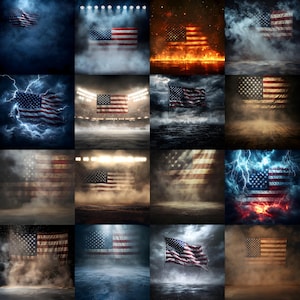 May include: A collection of sixteen distinct images featuring the United States flag in various dramatic settings, including scenes with smoke, fire, lightning, stadium lights, and textured backgrounds, showcasing the flag in diverse atmospheric conditions.