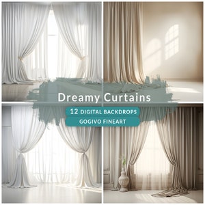 May include: Four digital backdrops featuring white and beige curtains in a room with natural light. The text "Dreamy Curtains" and "12 DIGITAL BACKDROPS GOGIVO FINEART" is displayed on the image.