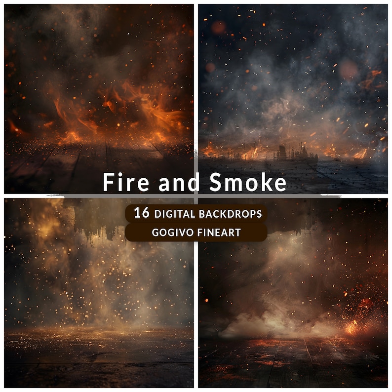 May include: Four digital backgrounds featuring a dark, smoky, and fiery scene. The backgrounds are perfect for adding a dramatic and atmospheric effect to your designs.  The text "Fire and Smoke" and "16 Digital Backdrops" is displayed on the image.