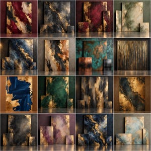 May include: A collection of sixteen abstract paintings featuring various colour palettes including deep red, black, navy blue, emerald green, and teal, all accented with metallic gold leaf textures applied in layered, expressive brushstrokes.