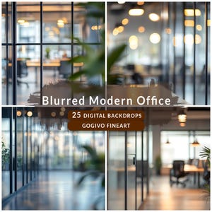 May include: A set of 25 digital backdrops featuring blurred images of a modern office with glass walls and windows. The images are perfect for creating a professional and modern look for your designs.