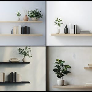 Könnte beinhalten: Vier verschiedene Holzregale mit verschiedenen Pflanzen, Büchern und Dekorationsartikeln. Die Regale sind an einer weißen Wand montiert.