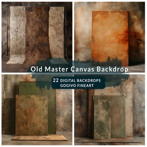 May include: A set of 22 digital backdrops featuring old master canvas textures. The backdrops are in various shades of brown, green, and orange, and have a textured, aged look. The backdrops are perfect for photographers and artists who want to create a vintage or rustic look for their photos.