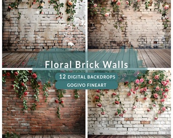 Floral Brick wall digital backdrops Maternity digital backdrop overlay Floral hanging wedding backdrop wall studio background textures JPG