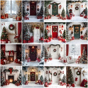 May include: A collection of 10 digital backdrops featuring a winter wonderland theme with a white door, red and green decorations, and a snowy landscape. The backdrops are perfect for creating festive holiday photos.