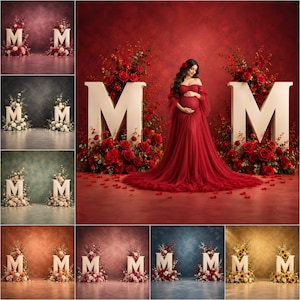 Puede incluir: Un conjunto de fondos digitales para fotografía que presenta grandes letras M decoradas con diversos arreglos florales, incluyendo rosas rojas y girasoles, sobre fondos texturizados de varios colores para sesiones de maternidad.