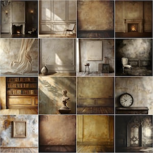 May include: A collection of 12 digital backgrounds featuring various vintage-inspired rooms with different textures, colors, and furniture. The backgrounds are perfect for creating digital art, photo editing, or adding a touch of vintage charm to your projects.
