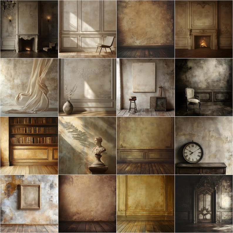 May include: A collection of 12 digital backgrounds featuring various vintage-inspired rooms with different textures, colors, and furniture. The backgrounds are perfect for creating digital art, photo editing, or adding a touch of vintage charm to your projects.
